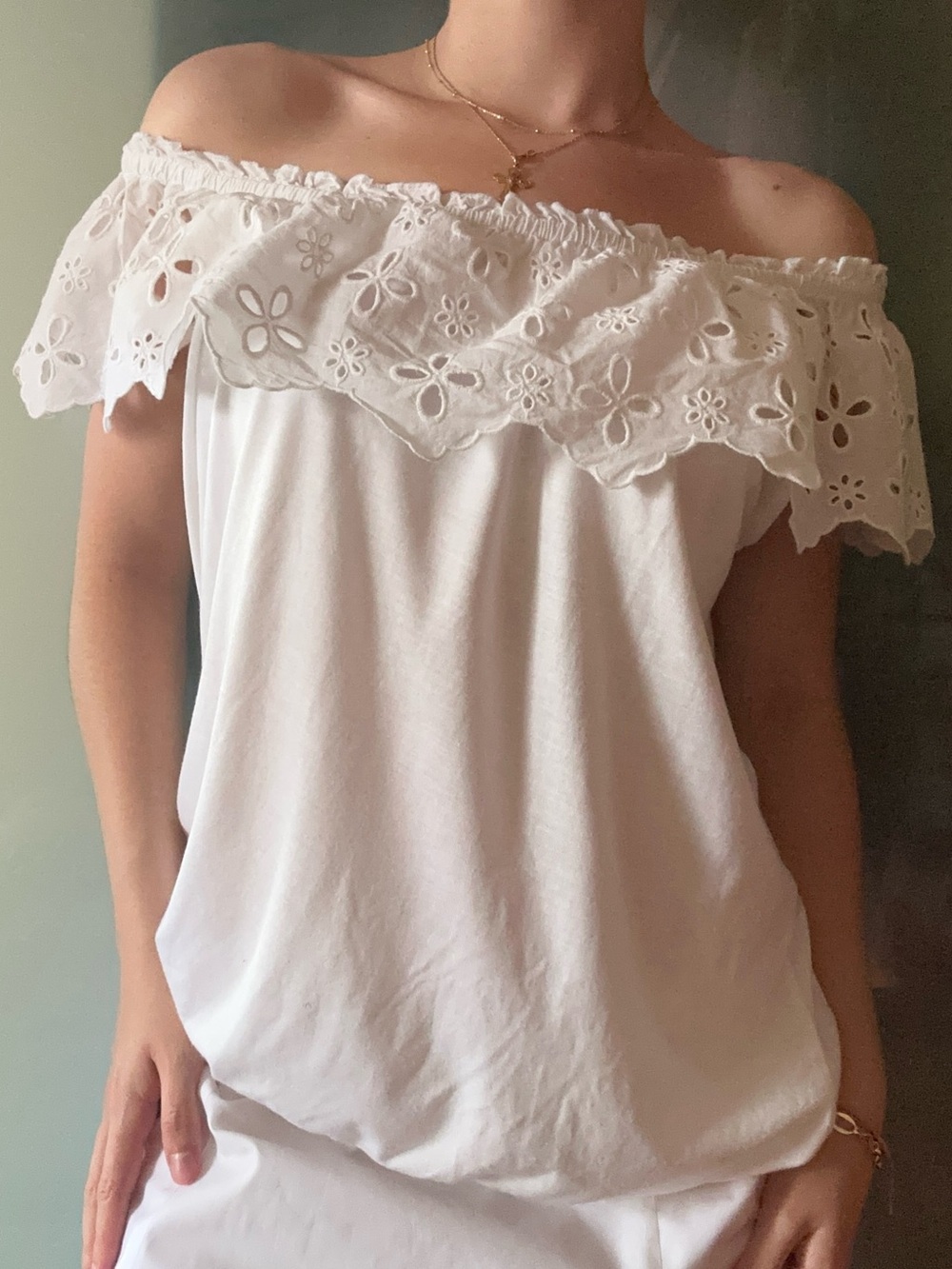 John Paul Richard White Eyelet Off the Shoulder Cotton Blend Boho Top | Size M
